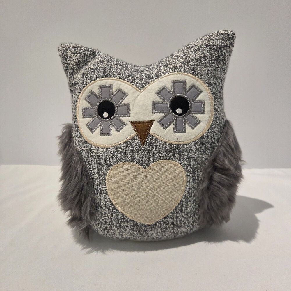 Owl Door Stopper Weighted Stuffed Gray Fluffy Fur Heart NWT